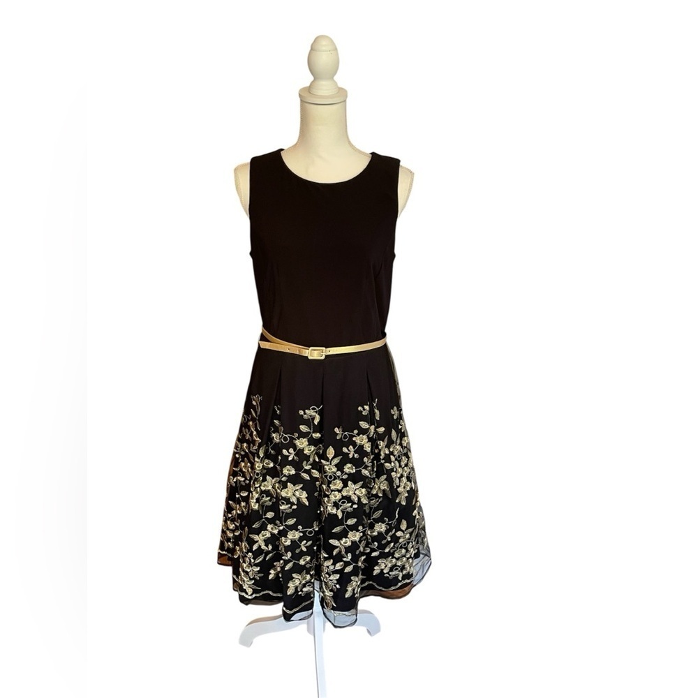 R&K Original Black Gold Embroidered Dress Size 10 Women Sleeveless Fit & Flare